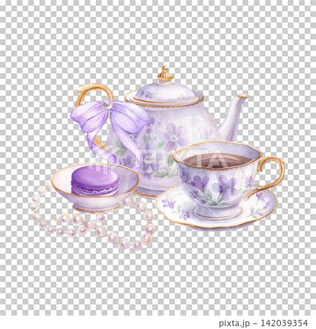 Tea composition with a floral teapot, cup, macaron, lavender bow and pearls. Watercolor isolated illustration. Good for invitations, stationery, packaging and tea party designs 142039354