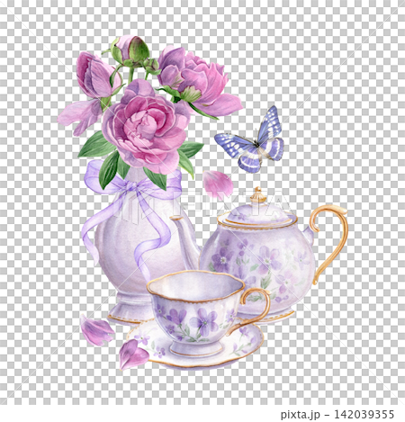 Watercolor composition with pink peonies, floral tea set, lavender bow and butterfly. Delicate hand-painted art for invitations, stationery, packaging and tea party designs Watercolor composition with pink peonies, floral tea set, lavender bow and butterfly. Delicate hand-painted art for invitations, stationery, packaging and tea party designs 142039355