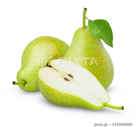 Two ripe green pears and cut in a half of pear isolated. Juicy green pear and half of pear isolate, clipping path. Two ripe green pears and cut in a half of pear isolated. Juicy green pear and half of pear isolate, clipping path. 142040080