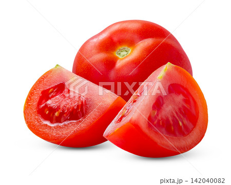 Isolated tomato and two slices of tomato. Slice of fresh tomatoes and whole tomato on white background, clipping path. Isolated tomato and two slices of tomato. Slice of fresh tomatoes and whole tomato on white background, clipping path. 142040082
