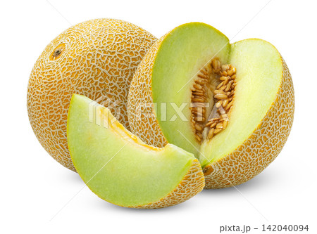 Cantaloupe muskmelon and cut in a slice of melon isolated. Sliced melon. Cantaloupe muskmelon and cut in a slice of melon isolated. Sliced melon. 142040094