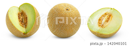 Cantaloupe melon, sliced muskmelon and half of juicy melon with seeds isolated. Cantaloupe melon, sliced muskmelon and half of juicy melon with seeds isolated. 142040101