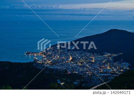 Budva city lights at night from high viewpoint in Montenegro 142040171