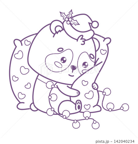 Outline Cute Christmas Kawaii Panda Wearing Santa Hat Sitting Hugging Pillow With Garland Balls. Funny Bear New Year Celebration. Line drawing, coloring page. Vector Illustration. Introvert Holiday. Outline Cute Christmas Kawaii Panda Wearing Santa Hat Sitting Hugging Pillow With Garland Balls. Funny Bear New Year Celebration. Line drawing, coloring page. Vector Illustration. Introvert Holiday. 142040234