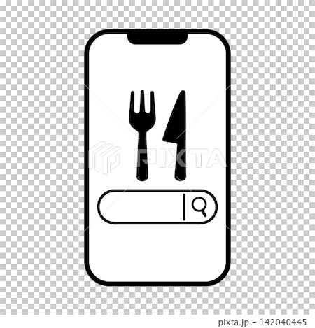 用於在智慧型手機上搜尋餐廳和美食資訊的圖示插圖。 用於在智慧型手機上搜尋餐廳和美食資訊的圖示插圖。 142040445