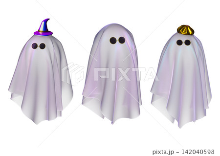 Set of 3d spooky ghosts in satin cloth cutout on transparent background for Halloween design. 142040598