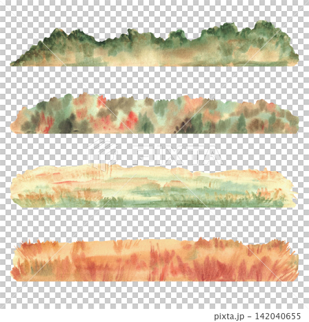 Watercolour Autumn landscape elements set. Silhouettes of distant fall trees, fields hills on horizon. Yellow, green, orange and golden Forest. Hand painted isolated on white background illustration. Watercolour Autumn landscape elements set. Silhouettes of distant fall trees, fields hills on horizon. Yellow, green, orange and golden Forest. Hand painted isolated on white background illustration. 142040655
