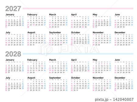 2027-2028年 年間カレンダー 日曜始まり 142040807
