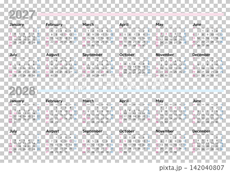 2027-2028年 年間カレンダー 日曜始まり 142040807