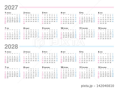 2027-2028年 年間カレンダー 日曜始まり 日本の祝日表記はありません 2027-2028年 年間カレンダー 日曜始まり 日本の祝日表記はありません 142040810