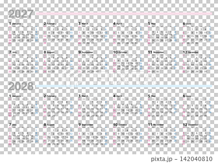 2027-2028年 年間カレンダー 日曜始まり 日本の祝日表記はありません 2027-2028年 年間カレンダー 日曜始まり 日本の祝日表記はありません 142040810