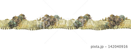 Watercolor landscape with vineyards, grape fields, bushes, trees and grape plant. Rural nature seamless border. Winemaking farm hand draw illustration Isolated from background country view pattern. Watercolor landscape with vineyards, grape fields, bushes, trees and grape plant. Rural nature seamless border. Winemaking farm hand draw illustration Isolated from background country view pattern. 142040916