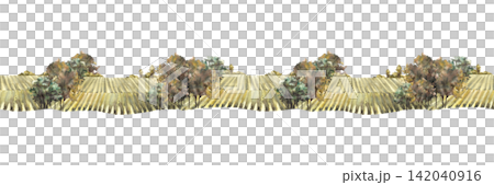 Watercolor landscape with vineyards, grape fields, bushes, trees and grape plant. Rural nature seamless border. Winemaking farm hand draw illustration Isolated from background country view pattern. 142040916