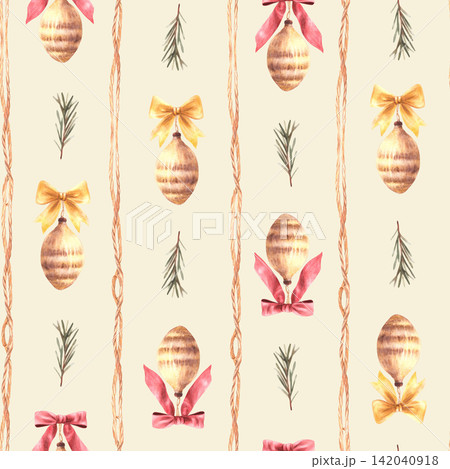 Vintage Pine cone Christmas fir toys with golden and red bows and spruce branch watercolor seamless pattern. Xmas, New Year festive fabric, wrapping paper on Isolated coloured background illustration. Vintage Pine cone Christmas fir toys with golden and red bows and spruce branch watercolor seamless pattern. Xmas, New Year festive fabric, wrapping paper on Isolated coloured background illustration. 142040918
