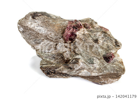 Macro stone Garnet mineral in rock on a white background Macro stone Garnet mineral in rock on a white background 142041179