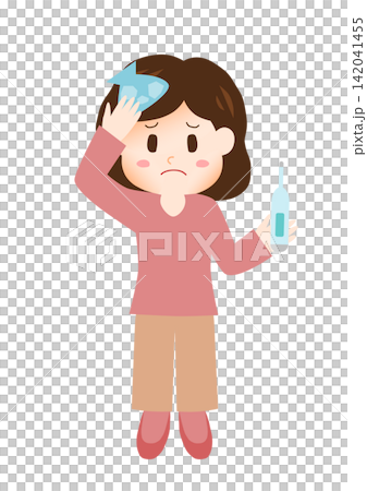 発熱して氷嚢と体温計を手に持つ女性 発熱して氷嚢と体温計を手に持つ女性 142041455