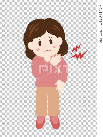 A woman suffering from stiff shoulders places her hand on her shoulder. A woman suffering from stiff shoulders places her hand on her shoulder. 142041457