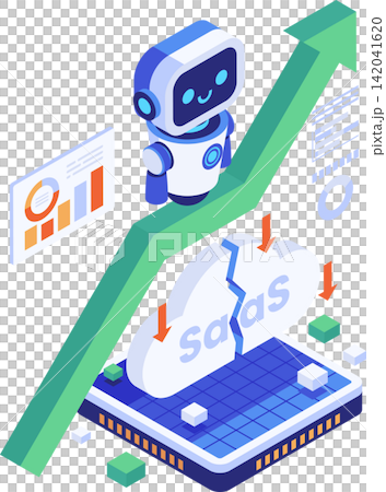 Isometric Robot Riding Rising Arrow with Broken SaaS Cloud Business Isometric Robot Riding Rising Arrow with Broken SaaS Cloud Business 142041620