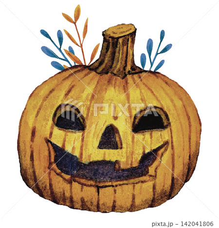 Classic Jack O Lantern Pumpkin with Autumn Foliage Watercolor Illustration Classic Jack O Lantern Pumpkin with Autumn Foliage Watercolor Illustration 142041806