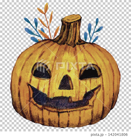 Classic Jack O Lantern Pumpkin with Autumn Foliage Watercolor Illustration Classic Jack O Lantern Pumpkin with Autumn Foliage Watercolor Illustration 142041806