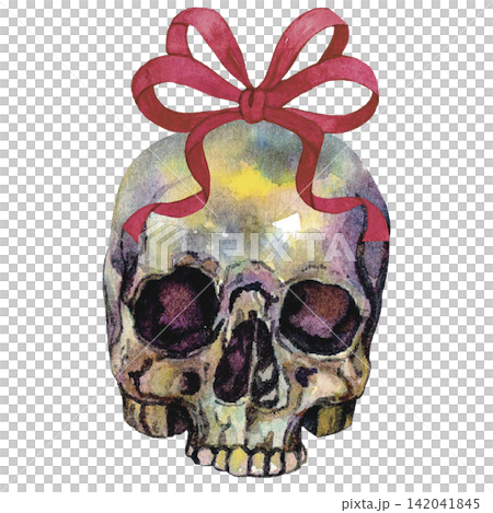 Halloween Skull with Colorful Bow and Decorative Ribbon Watercolor Illustration 142041845
