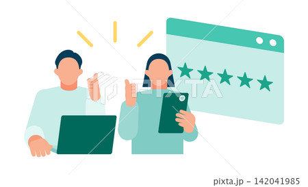 チャットボットサービスに最高評価の星5を送りサムズアップで満足する顧客のイラスト 142041985