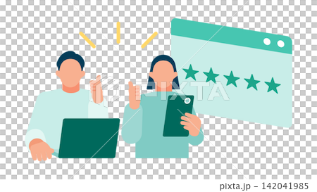 チャットボットサービスに最高評価の星5を送りサムズアップで満足する顧客のイラスト 142041985