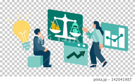 A business illustration depicting a woman presenting the cost-effectiveness and challenges of AI implementation to a man in a suit. A business illustration depicting a woman presenting the cost-effectiveness and challenges of AI implementation to a man in a suit. 142041987