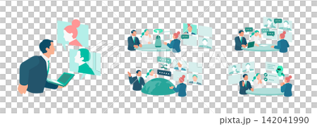 A set of illustrations for hybrid meetings and remote communication utilizing the latest IT technologies, and for diverse teams. A set of illustrations for hybrid meetings and remote communication utilizing the latest IT technologies, and for diverse teams. 142041990