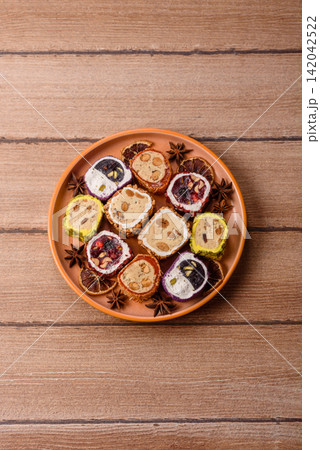 Turkish delight or lokum is a traditional Eastern sweet made with nuts. Turkish delight, lokum 142042522