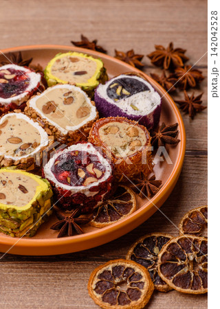 Turkish delight or lokum is a traditional Eastern sweet made with nuts. Turkish delight, lokum 142042528