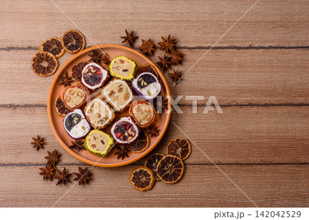Turkish delight or lokum is a traditional Eastern sweet made with nuts. Turkish delight, lokum 142042529