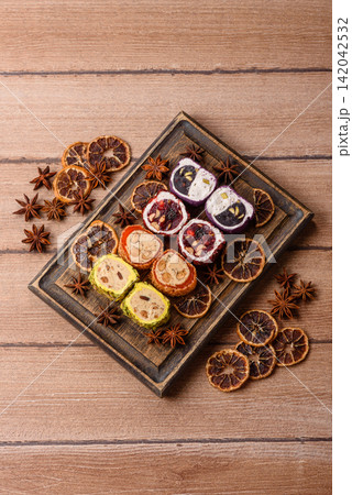 Turkish delight or lokum is a traditional Eastern sweet made with nuts. Turkish delight, lokum 142042532