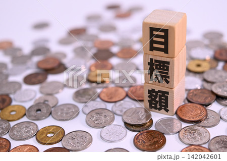 目標額のテキストと日本円の硬貨 目標額のテキストと日本円の硬貨 142042601