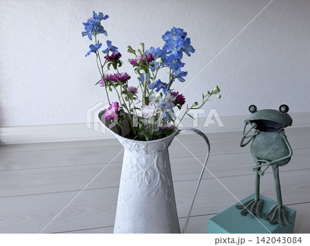 花を眺めるカエルと色とりどりの花 花を眺めるカエルと色とりどりの花 142043084