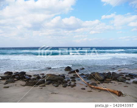 青い海に白波が広がる岩と流木のある砂浜 青い海に白波が広がる岩と流木のある砂浜 142043397