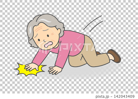 An illustration of an old woman who has fallen and put her hands out to break her fall. An illustration of an old woman who has fallen and put her hands out to break her fall. 142043409