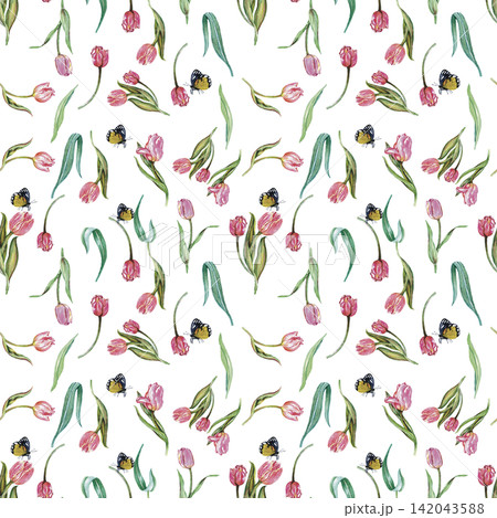 Colorful Pink Tulips and Green Leaves Pattern Colorful Pink Tulips and Green Leaves Pattern 142043588