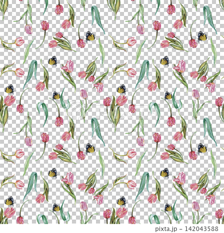 Colorful Pink Tulips and Green Leaves Pattern Colorful Pink Tulips and Green Leaves Pattern 142043588