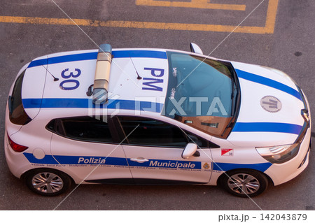 Aerial view of an Italian Polizia Municipale Renault Clio police car Aerial view of an Italian Polizia Municipale Renault Clio police car 142043879