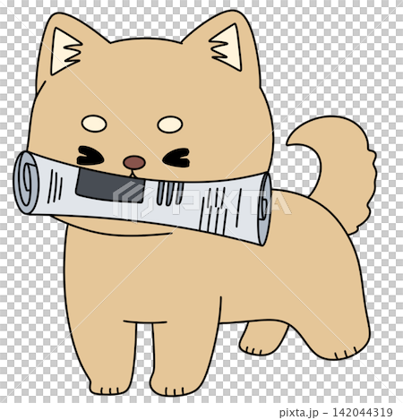 Cute cartoon dog holds rolled-up newspaper Cute cartoon dog holds rolled-up newspaper 142044319