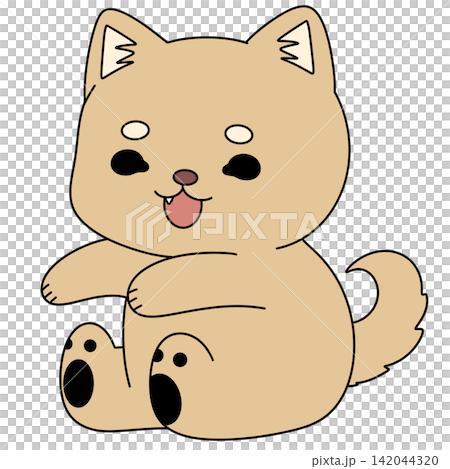 Cute tan puppy sits, tongue out, eyes bright 142044320