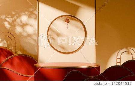 China concept red wedding style with display stand ,stage podium chinese for present products.3D rendering China concept red wedding style with display stand ,stage podium chinese for present products.3D rendering 142044533
