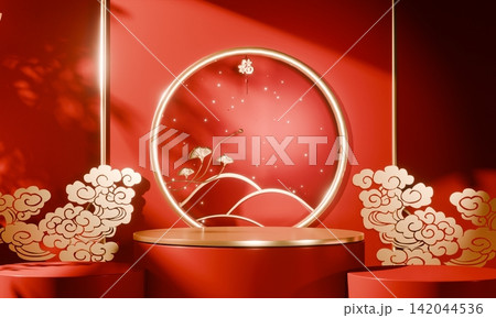 China concept red wedding style with display stand ,stage podium  chinese for present products.3D rendering 142044536