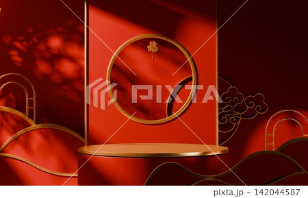 China concept red wedding style with display stand ,stage podium  chinese for present products.3D rendering 142044587