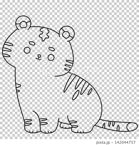 Adorable cartoon tiger sits calmly 142044757