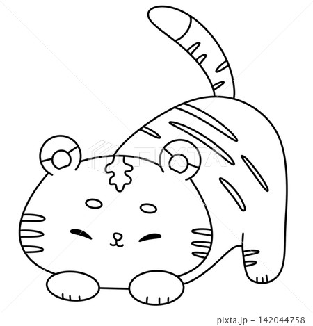 Cartoon cat curls up comfortably 142044758