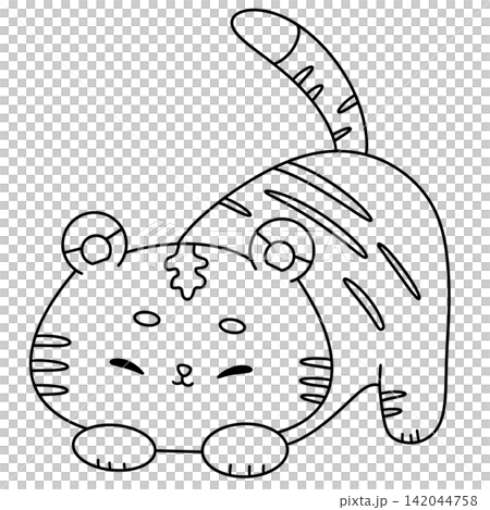 Cartoon cat curls up comfortably 142044758