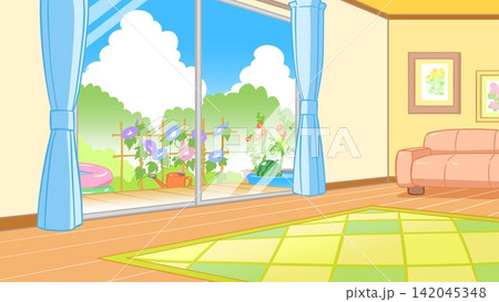 朝顔と家庭菜園が見える夏のリビング 朝顔と家庭菜園が見える夏のリビング 142045348