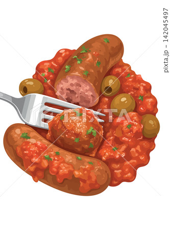 Italian sausages and meatball with tomato sauce and olives Italian sausages and meatball with tomato sauce and olives 142045497